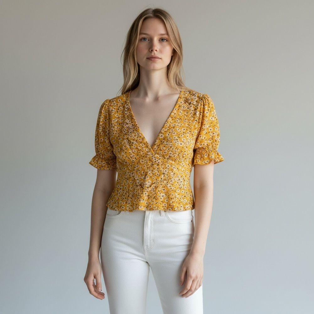 NWT Zaful Mustard Floral V-Neck Blouse Ruffle Short Sleeve Summer short sleeve 8